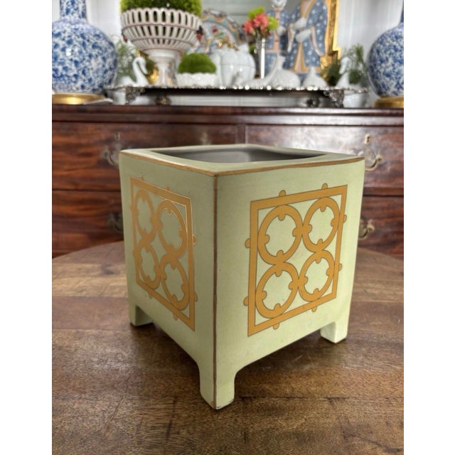 Late 20th Century Mid to Late Twentieth Century Palm Beach Style Soft Green Square Footed Cachepot Planter With Gold Trellis Pattern For Sale - Image 5 of 6
