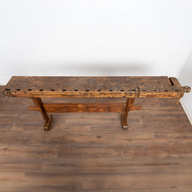 Rustic Early 20th Century Carpenters Workbench Rustic Narrow Console Table For Sale - Image 3 of 10