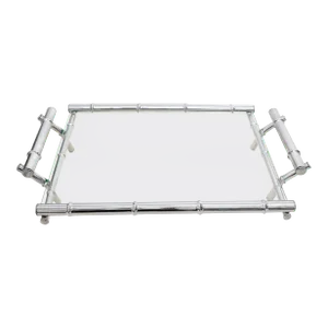 Faux Bamboo Chrome and Glass Decorative Tray with Handles