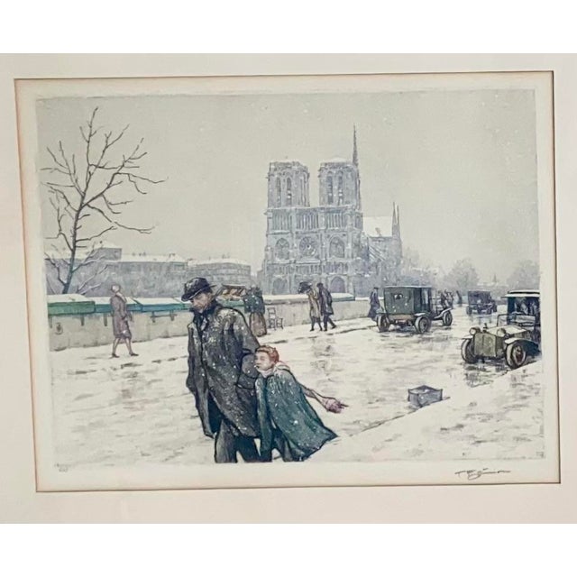 Beautiful vintage 1920s color etching by listed Czech artist Tavik Simon (1877-1942). Depicts winter snow scene outside...