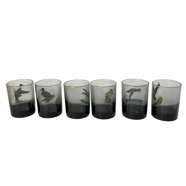 Mid-Century Modern Ned Smith 22k Gold Rim Waterfowl Dof Double Old-Fashioned Glasses, Set of 6 For Sale - Image 3 of 7