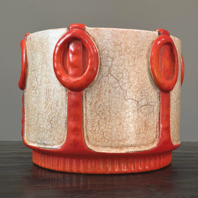 Antique Czech Art Deco Gold Crackle Ceramic Planter. Ribbed footed antique planter with a gold crackle glaze and red...