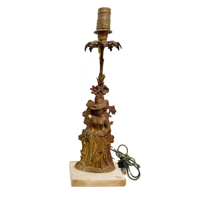 A romantic pair of vintage figural table lamps inspired by classical girandole forms, each centered by a graceful lady in...