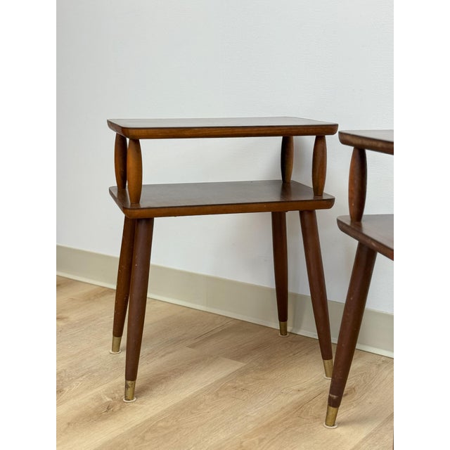 Wood Vintage End Tables MCM Atomic Two-Tier Wood Laminate Pair Retro Accent For Sale - Image 7 of 15