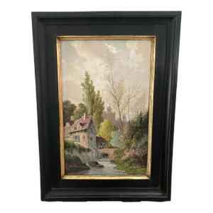 19th Century French Impressionist Painting on Porcelain: Bridge Over the River by Paul Langlois, Framed
