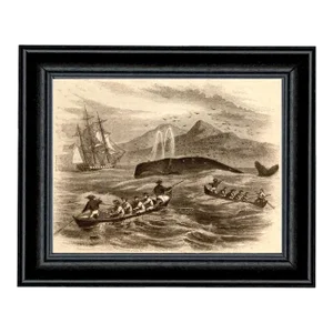 Pursuit of the Greenland Whale Etching Framed Print Behind Glass in Black Wood Frame