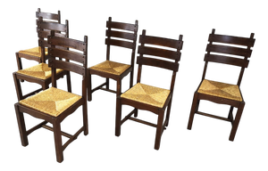 Vintage Brutalist Oak and Wicker Dining Chairs, 1960s, Set of 6