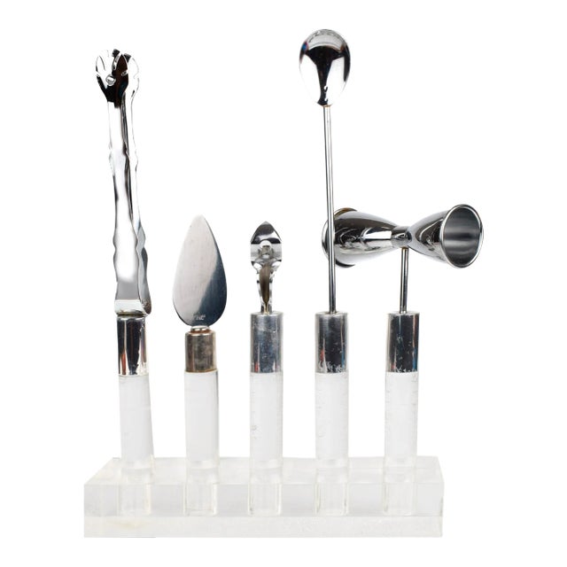 Mid Century Modern Lucite Stainless Steel Bar Tools Set With Stand- 6 Pieces For Sale