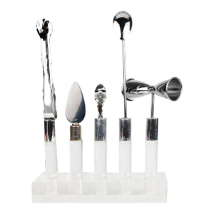 Mid Century Modern Lucite Stainless Steel Bar Tools Set With Stand- 6 Pieces