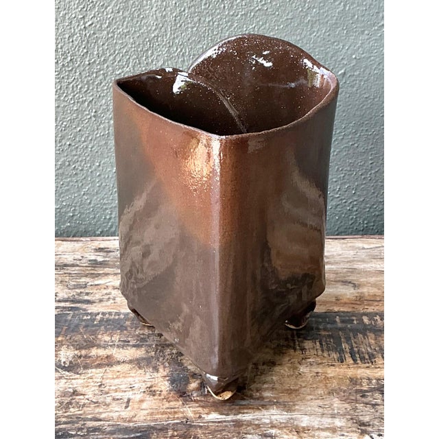 Vintage Handcrafted Brown Pottery Vase For Sale - Image 9 of 14