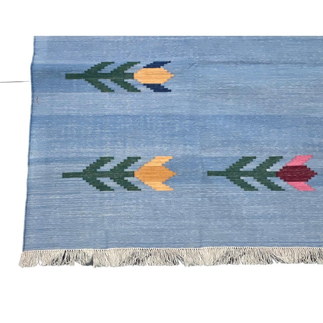 Casa Cosima Handmade Cotton Vegetable Dyed Flat Weave Area Rug, Sky Blue Leaf Dhurrie - 8'x10' For Sale - Image 4 of 13