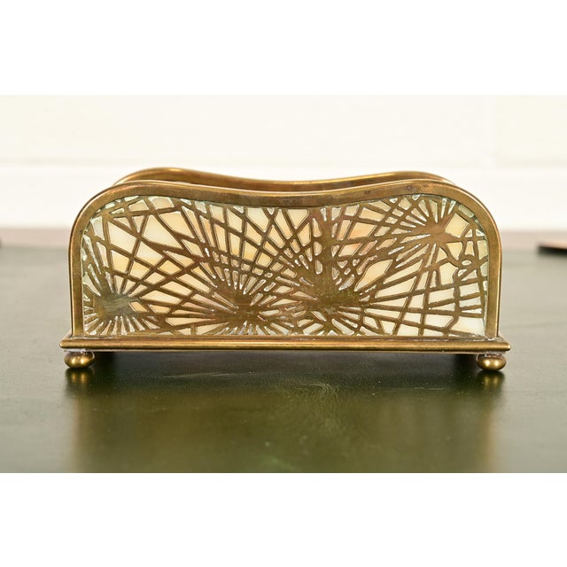 Art Deco Tiffany Studios New York Pine Needle Bronze Doré and Favrile Slag Glass Letter Rack For Sale - Image 3 of 11