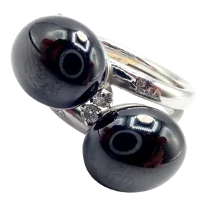Pomellato Capri 18k White Gold Diamond Twin Black Ceramic Ring, size 5