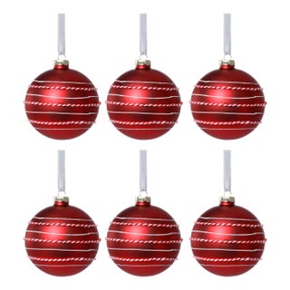 Matte Ball Ornaments with White & Red Rope, Set of 6, Red, 4" For Sale