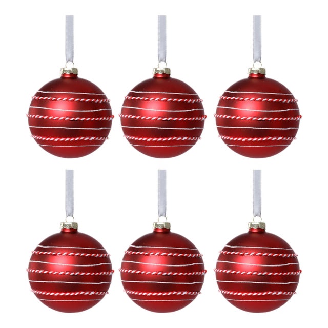 Matte Ball Ornaments with White & Red Rope, Set of 6, Red, 4" For Sale