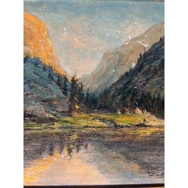 Mountain Lake at Sunset Oil Painting, Signed j.c. Thorn, Circa 1940, Gilt Frame For Sale - Image 4 of 5