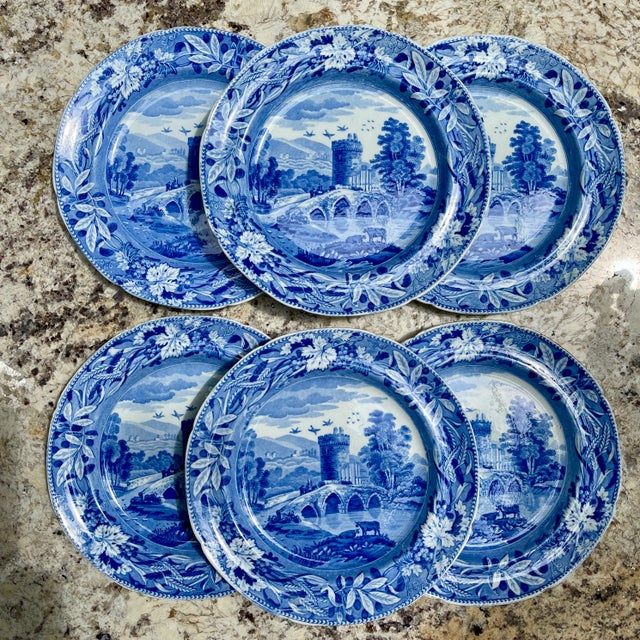 Spode 'Bridge of Lucano' Blue Transferware Dinner Plates Circa 1820 Set/6 For Sale - Image 13 of 13