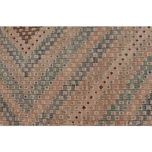 Diamond Design Vintage Turkish Embroidered Kilim in Tan, Cream, and Light Green For Sale - Image 9 of 13