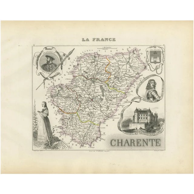 Map of Charente France with Cognac Region and Château De La Rochefoucauld, 1850 For Sale