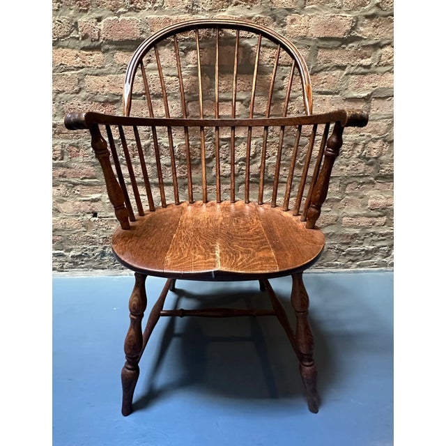 1920s Pair of American Bow Back Oak Windsor Armchairs Early 1900s For Sale - Image 5 of 12