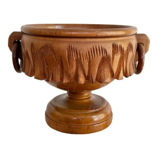 Vintage Carved Burl Wood Bowl With Ring Handles For Sale