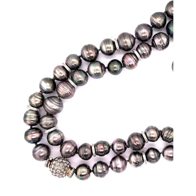Modern Black Baroque Pearl and Pave Diamond Long Chain Necklace. 100 14.9-12.1mm Pearls For Sale - Image 3 of 12