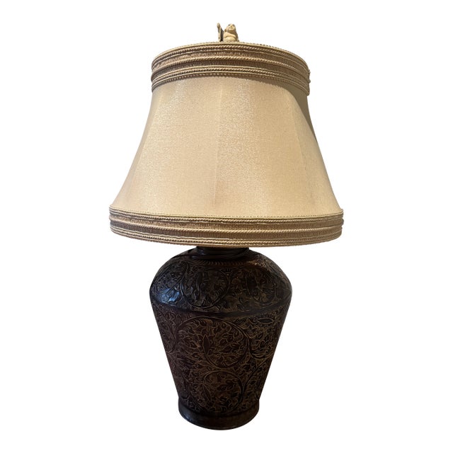 Indian Brass Lamp With Silk Shade and Buddha Finial For Sale