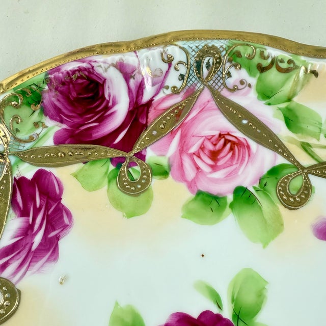 Nippon, Hand-Painted Porcelain Rose Moriage Large Wall Plate For Sale - Image 4 of 10