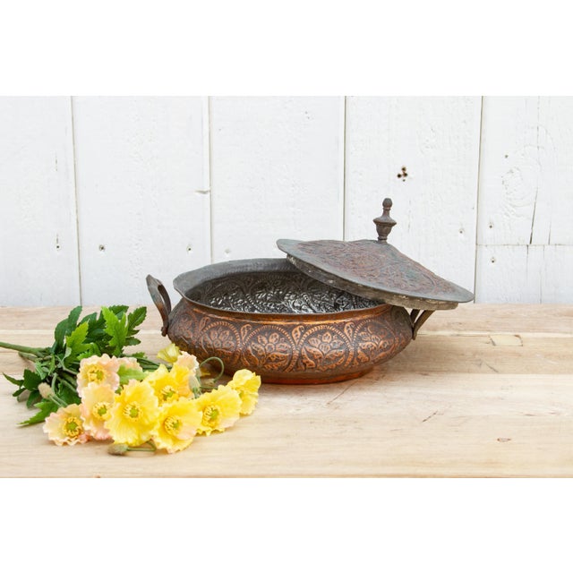 Indian Antique Floral Engraved Copper Bowl For Sale - Image 3 of 10