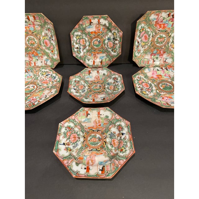 Set of seven antique Rose Medallion pattern Chinese plates, each eight sided though in different sizes and forms. Famille...
