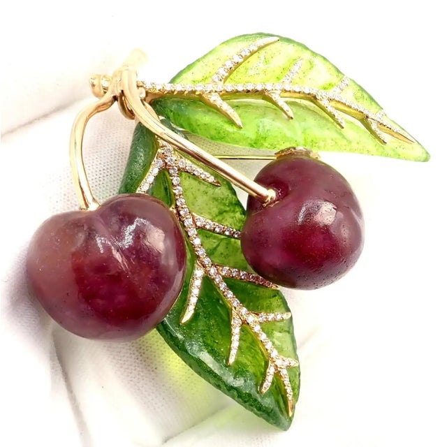 Vintage Tiffany & Co. France Diamond Plique a Jour Glass Cherries Gold Brooch For Sale - Image 15 of 16