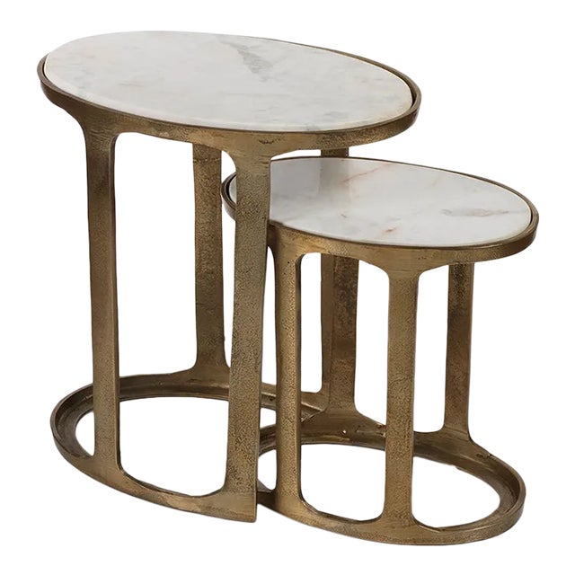 Nikki Oval Marble & Raw Aluminum Nesting Tables, Set of 2 For Sale