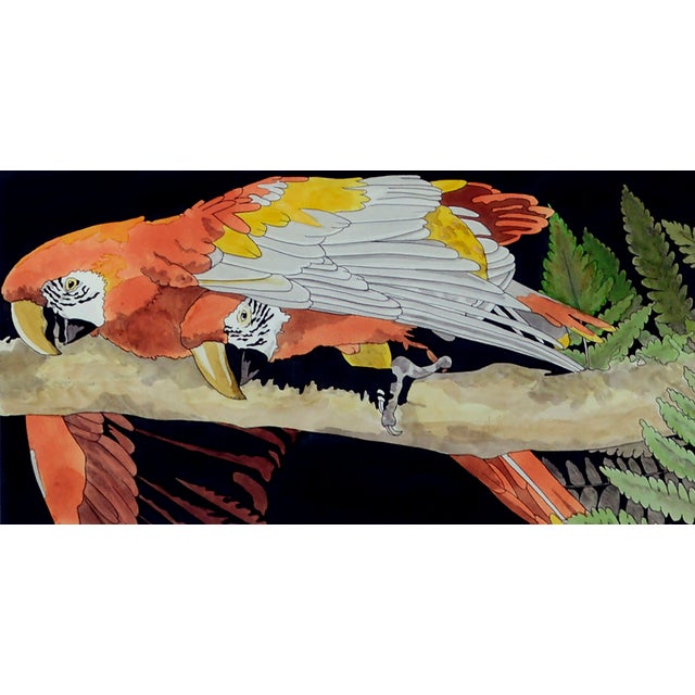 1990s 1990s Scarlett Macaw Parrots and Ferns Watercolor, Large-Scale Horizontal Panorama For Sale - Image 5 of 6