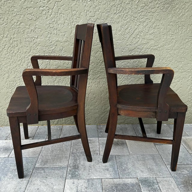 Vintage Wood Courthouse Chairs by Monroe Benbrook & Co. Chicago Set of 2 For Sale - Image 4 of 12