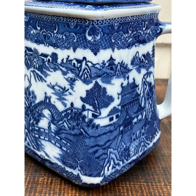 1980s Blue Willow Teapot Ringtons LTD Tea Merchants Blue White Collectible For Sale - Image 9 of 13