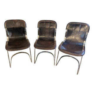 Set of 3 1970’s Dark Brown Leather and Chrome C2 Dining Chairs Attributed to Willy Rizzo For Sale