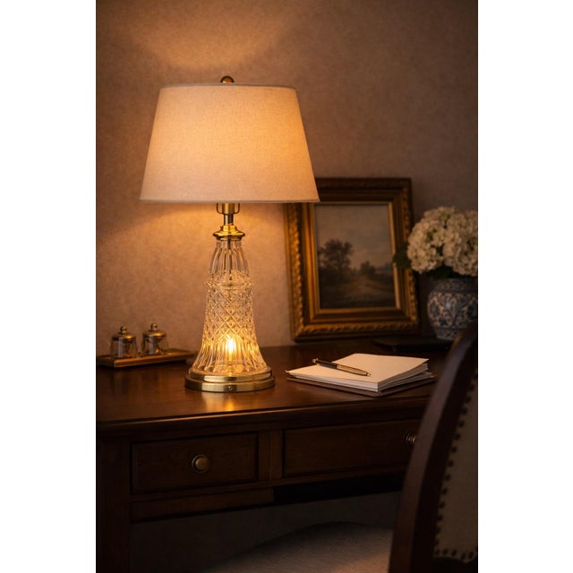 1950s Illuminated Cut Crystal & Brass Table Lamp With Dual Light Base, Circa 1960s For Sale - Image 5 of 5