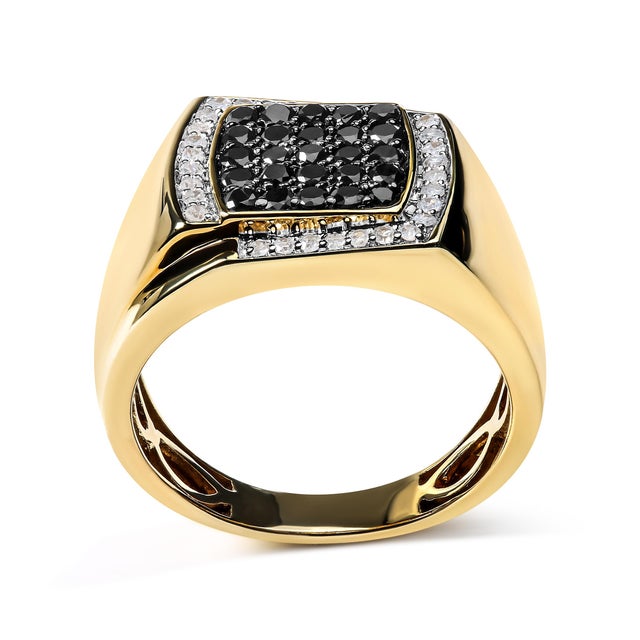 Contemporary Men's 10K Yellow Gold 1.00 Cttw Cushion Cluster Black and White Diamond Statement Ring (I-J Color, I2-I3 Clarity) - Ring Size 9 For Sale - Image 3 of 6