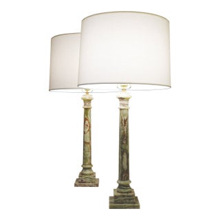 XL Pair Neo Classic Hollywood Regency Modern Green & Rust Onyx Marble Tuscan Style Column Table Lamps 1960's Italy For Sale
