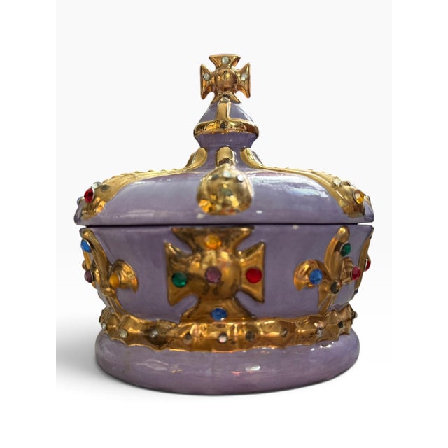 Victorian Vintage 1972 Purple & Gold Jeweled Crown Lidded Ceramic Jar For Sale - Image 3 of 8
