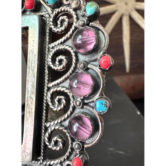 Mexican Vintage Sterling Silver Taxco Picture Frame, Turquoise Coral Amethyst Gemstones For Sale - Image 3 of 12