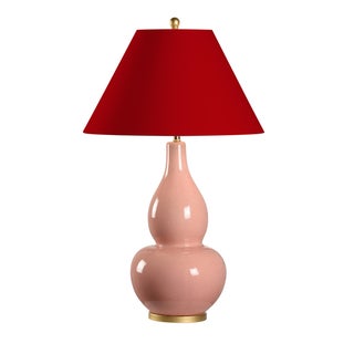 Casa Cosima Large Double Gourd Table Lamps, Light Pink Craquelure Base with Heritage Red Lampshade For Sale