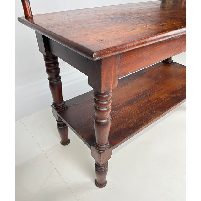 Antique Rustic Wood Baker's Rack / Wash Stand With Slotted Gallery & Lower Shelf For Sale - Image 4 of 13
