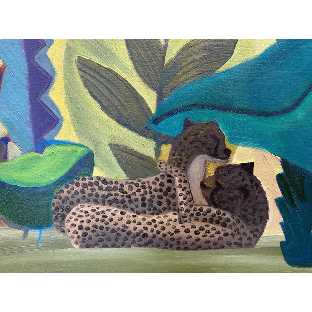 Contemporary Marc Zimmerman "Jungle Sonata in B Sharp" Oil Painting, Lush Tropical Jungle, Hidden Leopard, Vivid Botanical Forms, Contemporary Art West Coast For Sale - Image 3 of 6