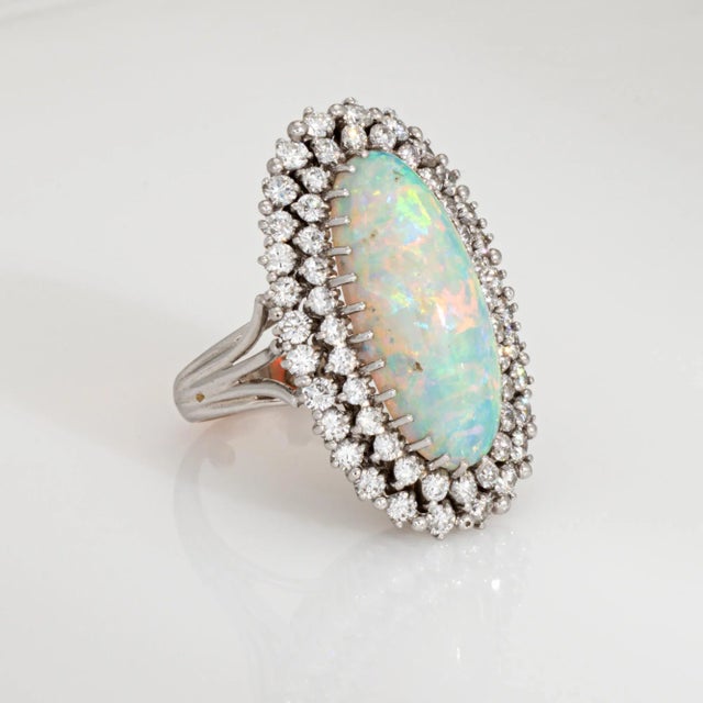 1960s Vintage Elongated 9ct Opal 2.25ct Diamond Ring 14k White Gold Sz 5.5 Cocktail For Sale - Image 5 of 6