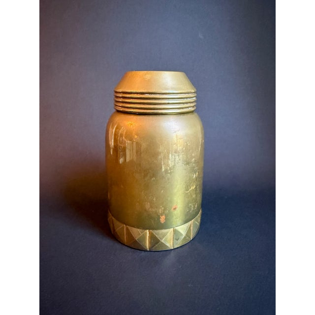 Mid-Century Modern Vintage Brass Canister With Decorative Blue Enamel Top For Sale - Image 3 of 9