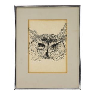 Vintage Pen and Ink Owl Drawing in Silver Frame For Sale