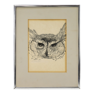 Vintage Pen and Ink Owl Drawing in Silver Frame