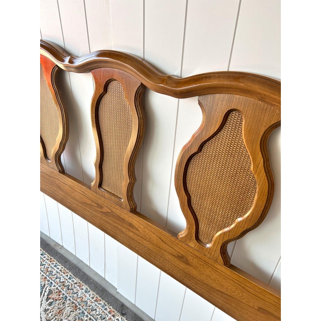1970s Vintage King Midcentury French Provincial Wood Rattan Headboard For Sale - Image 5 of 5