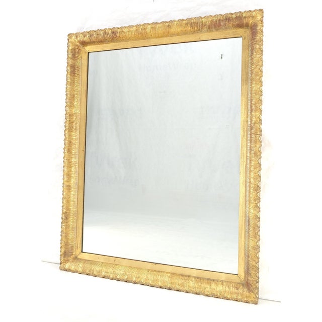 Hollywood Regency Scallop Edge 40x50 Carved & Gold Gilt Rectangle Frame c1940s Wall Mirror MInt! For Sale - Image 3 of 13